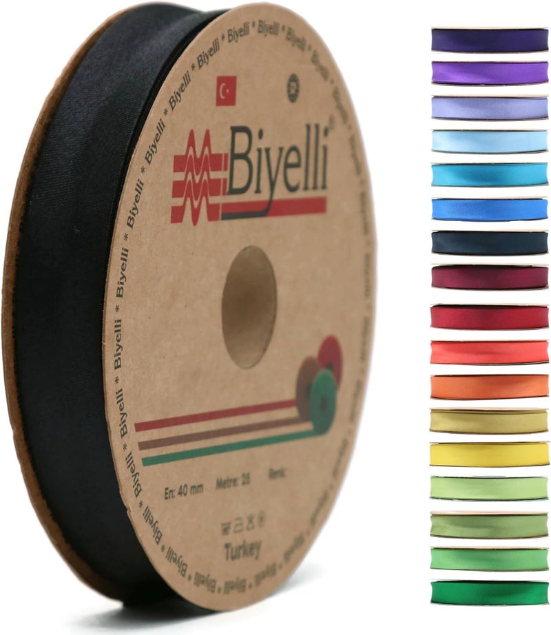 Biyelli Fold Satin Bias Tape - 99+ Colors - 3/4 Inches Wide - 27 Yards - Fold Satin Binding Bias Ribbon Fabric Piping Bias Binding Tape for Sewing Clothing DIY (24. Black) BYS24 - Image 1